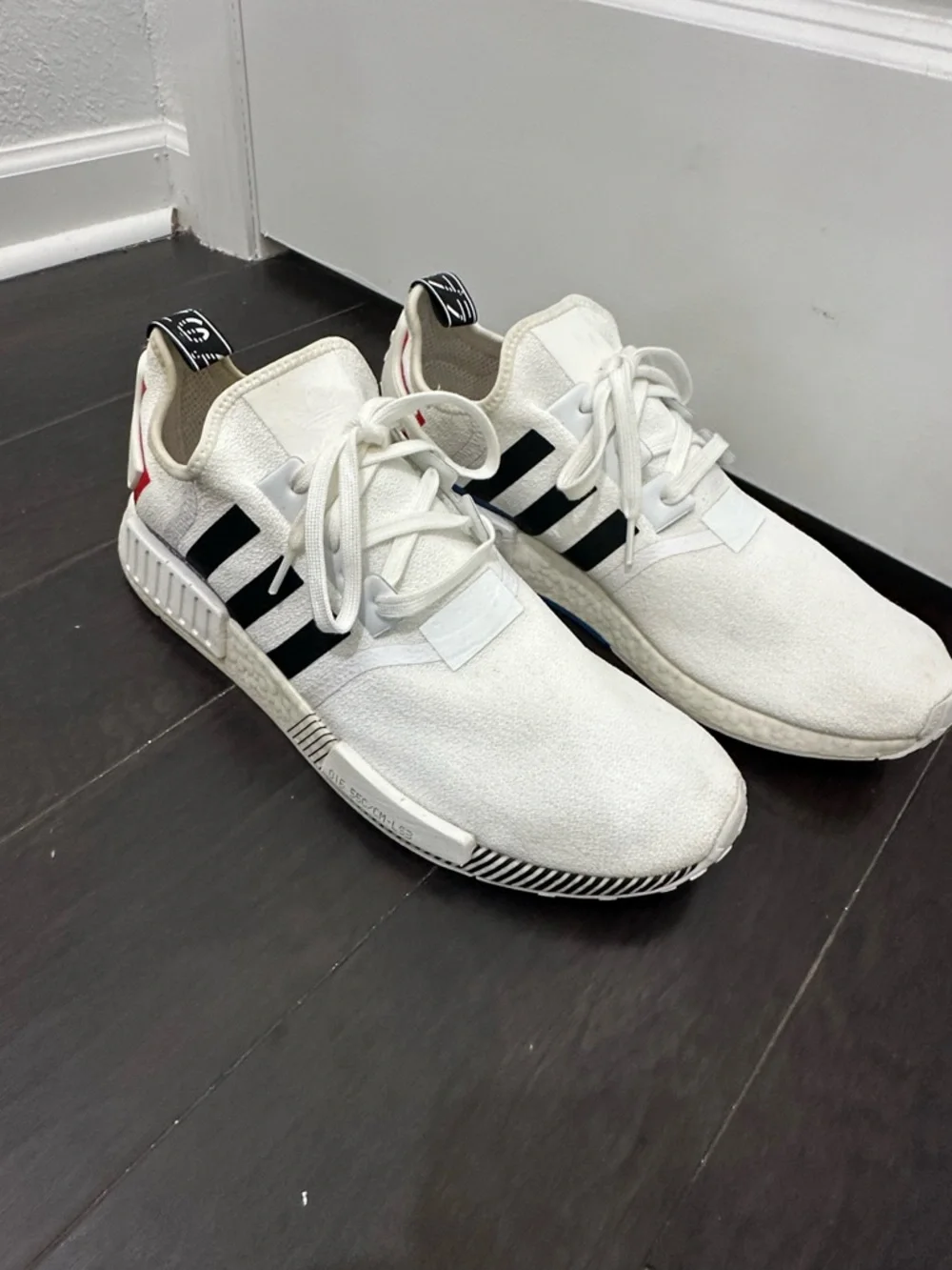 adidas White NMD R1 with Black Stripes and Red/Blue Accents SZ 14